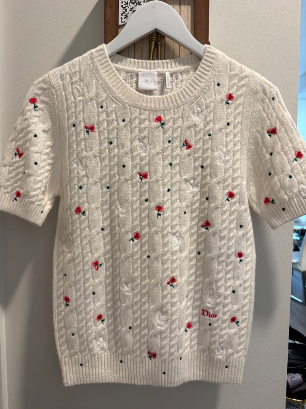 Dior Cream Cable Knit Short Sleeve Sweater with Red Rose Embroidery